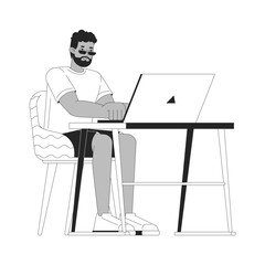 African american man working at laptop black and white 2D line cartoon character. Black guy typing notebook isolated vector outline person. Desk home office guy monochromatic spot illustration