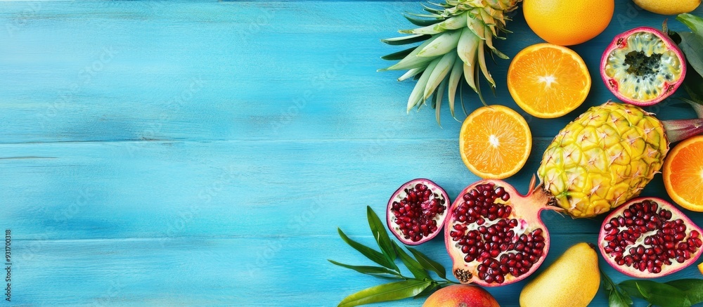 Aufkleber pineapple slices pomegranate passion fruit and tangerines creating copy space on a blue wooden backg