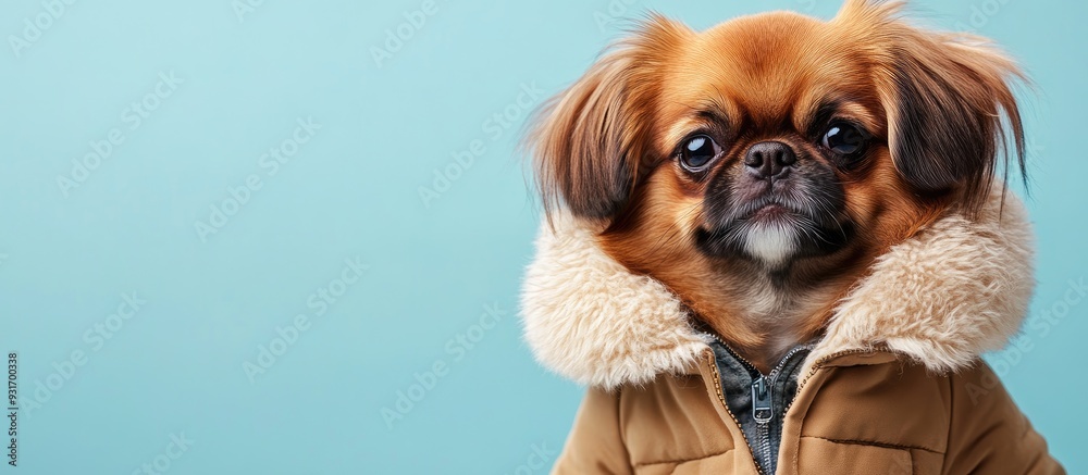 Poster adorable pekingese dog dressed in pet clothing on a light blue backdrop area for text. with copy spa
