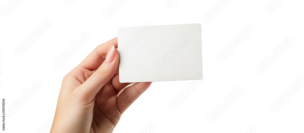 Aufkleber An empty card held in a woman s hand against a white background. with copy space image. Place for adding text or design