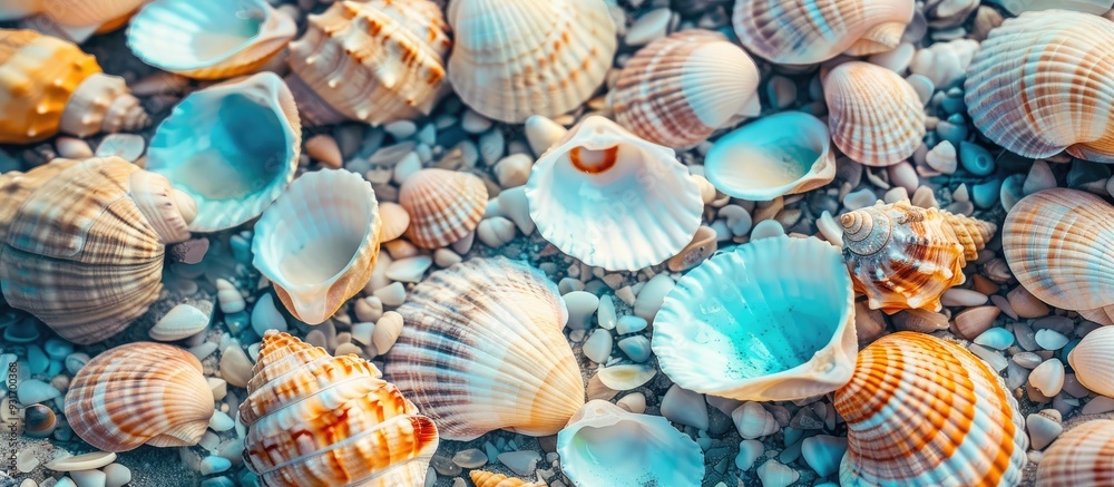 Poster Seashells set against a blue backdrop. with copy space image. Place for adding text or design