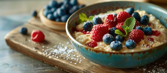 Morning ambiance Nutritious breakfast featuring porridge oatmeal pancakes an abundance of berries and snacks on a blue rustic backdrop. with copy space image. Place for adding text or design