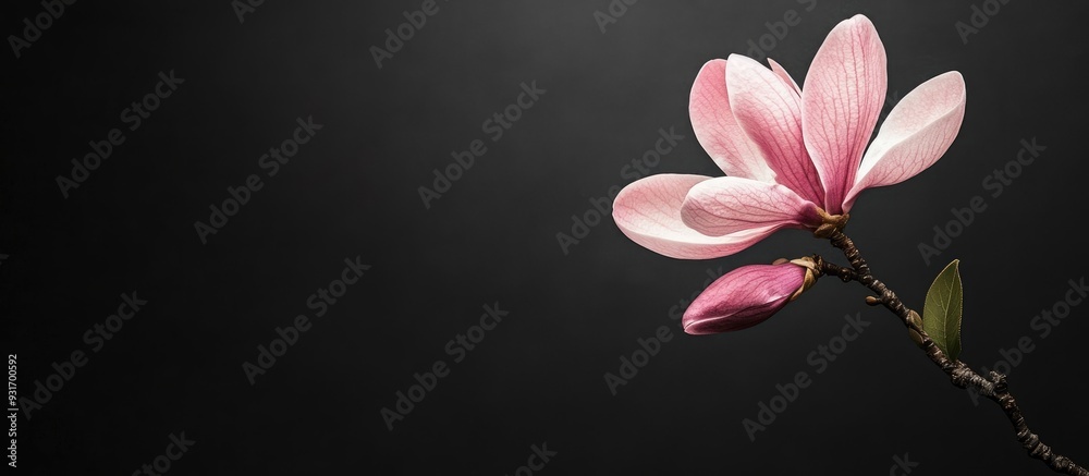 Fototapete magnolia flower bloom isolated on a black background greeting card. with copy space image. place for