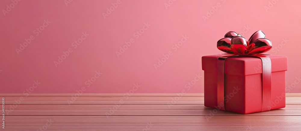 Poster new year festival valentine s day decorations a red gift box on a wooden table with a pink backgroun