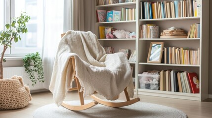 A peaceful nursery corner featuring a rocking chair with a soft blanket and a bookshelf filled with baby books, [baby nursery corner], [calm and inviting]