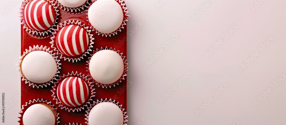 Poster a muffin tray featuring red and white striped cupcake liners positioned on a white background with c