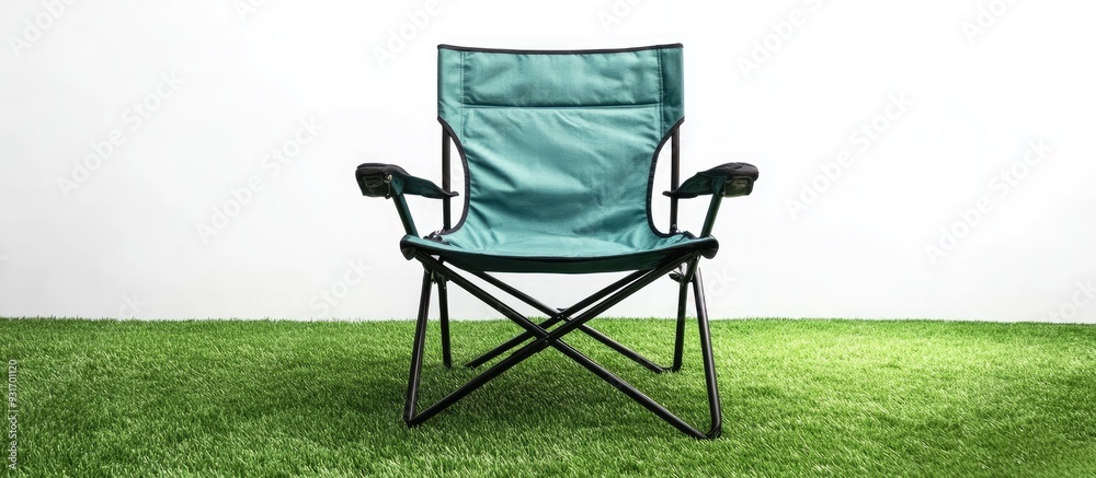 Poster Folding camp chair viewed from the front on grass with a white background. with copy space image. Place for adding text or design