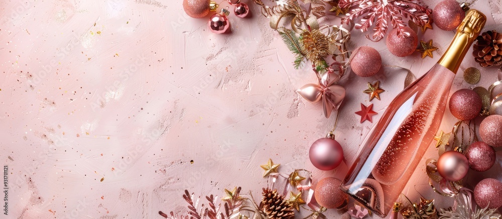 Poster christmas or new year pink backdrop featuring a bottle of sparkling wine rose champagne and gold dec
