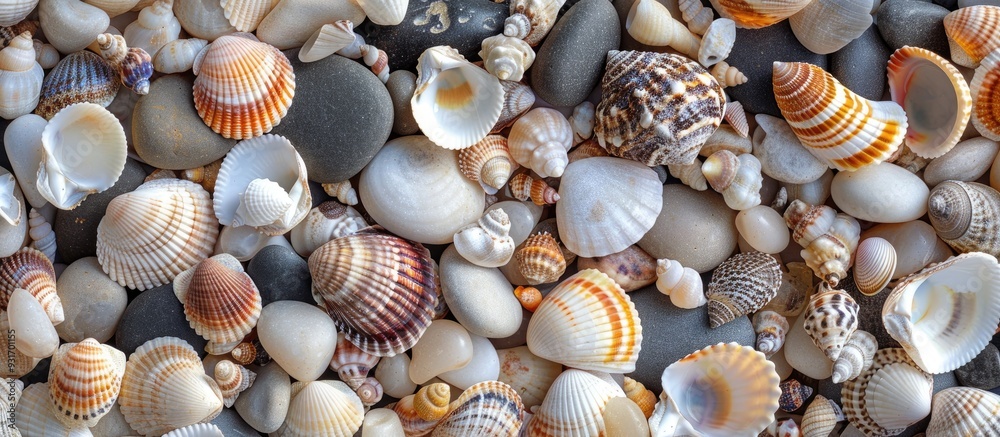 Poster A border of pink seashells and sea pebbles on a white background Ocean pattern top view. with copy space image. Place for adding text or design