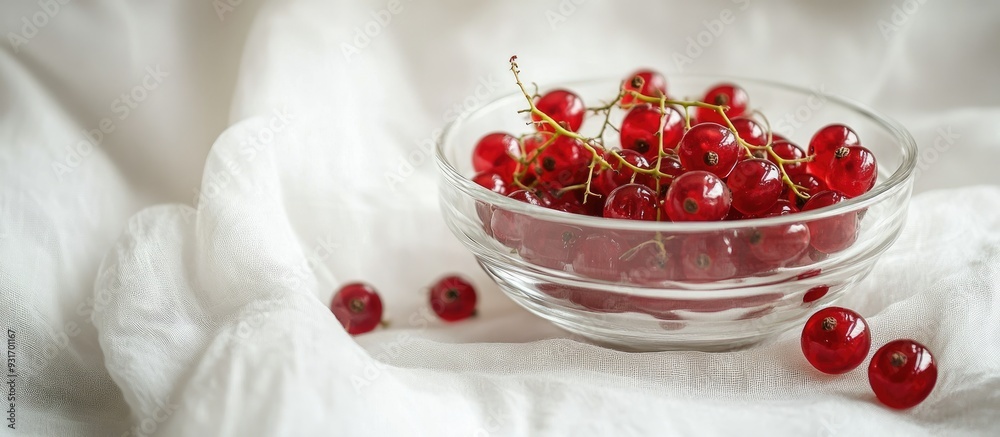Poster red currants in a glass bowl on a white tablecloth with copy space selected soft focus and a narrow 