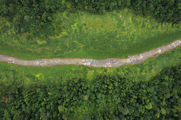 Beautiful aerial view green forest and river in the countryside of Nakhon Nayok Province, Thailand.