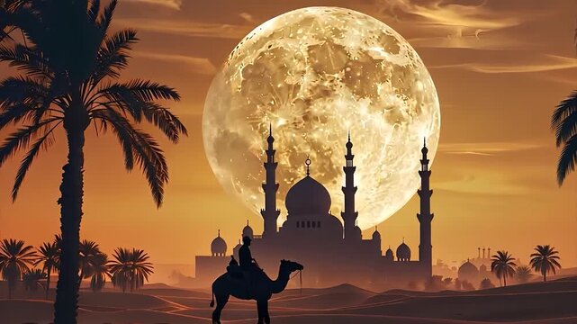 Camel walking in desert Arabian night Mosque desert Full Moon night date trees Muslim Culture religion
