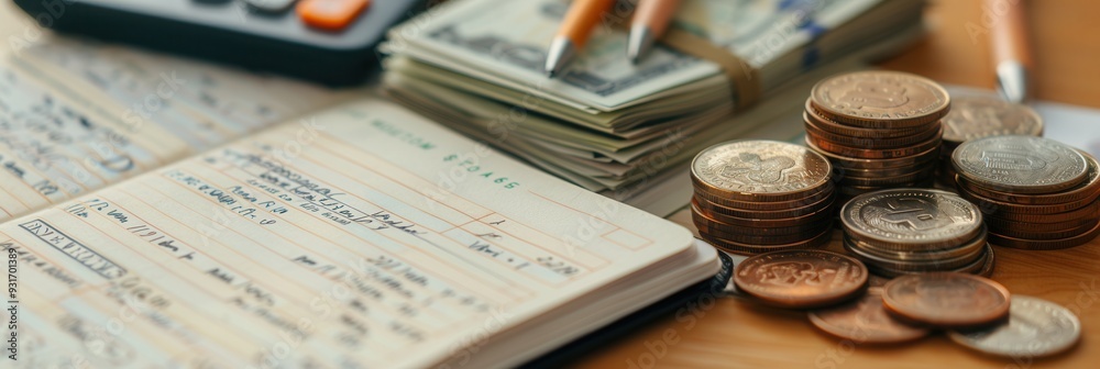 Fototapete A stack of cash and coins accompany an open notebook filled with financial notes and calculations in a tidy workspace. Generative AI