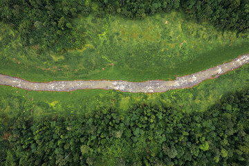Beautiful aerial view green forest and river in the countryside of Nakhon Nayok Province, Thailand.