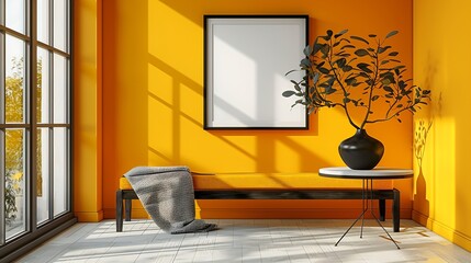 Creative composition of living room interior with mock up poster frame orange bench yellow wall stylish sculpture black stand vase with branch and personal accessories Home decor Templ : Generative AI
