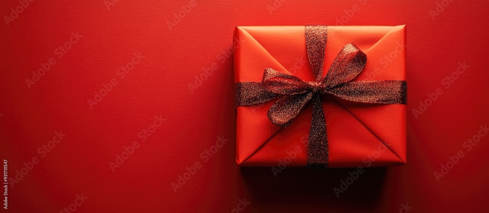 Poster Christmas present on a red paper background. with copy space image. Place for adding text or design