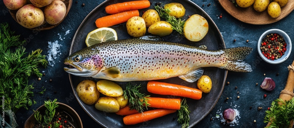 Poster modern style traditional steamed rainbow trout with boiled potatoes and carrot slices presented from