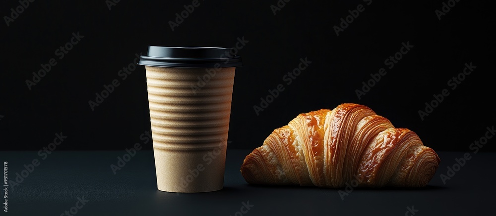 Aufkleber paper cup of hot coffee with a paper lid beside a freshly baked croissant on a black background mock
