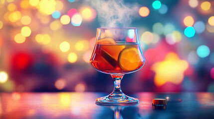  Steaming Glass of Mulled Wine with Cinnamon and Orange Slices in Festive Bokeh
