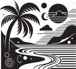 beach black and white vector art illustration