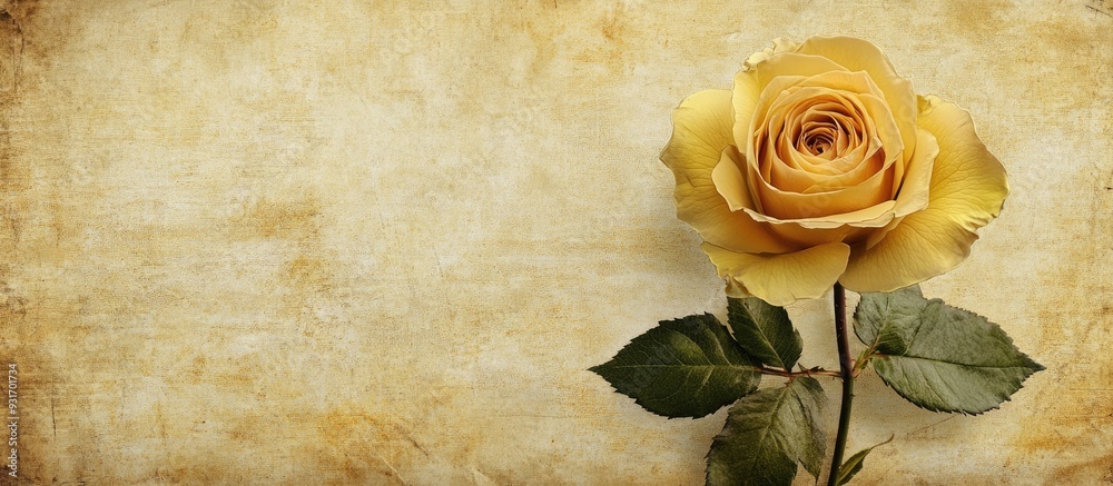 Poster textured vintage paper background featuring a yellow rose. with copy space image. Place for adding text or design