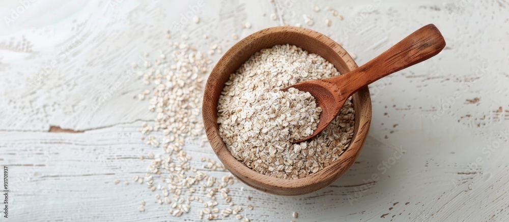 Poster Psyllium husk in a bowl with a spoon on a white background. with copy space image. Place for adding text or design