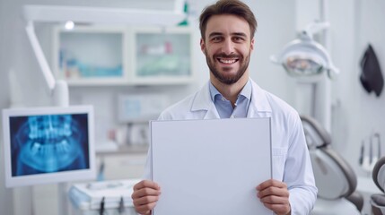 Fototapeta premium Friendly Dentist Holding Blank Sign