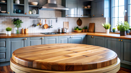 Banner Empty beautiful round wooden tabletop counter on blue interior in clean and bright kitchen blurred background, Ready for product advertisement.