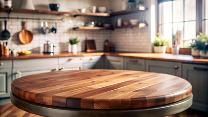 Banner Empty beautiful round wooden tabletop counter on blue interior in clean and bright kitchen blurred background, Ready for product advertisement.