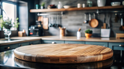 Obraz premium Banner Empty beautiful round wooden tabletop counter on blue interior in clean and bright kitchen blurred background, Ready for product advertisement.