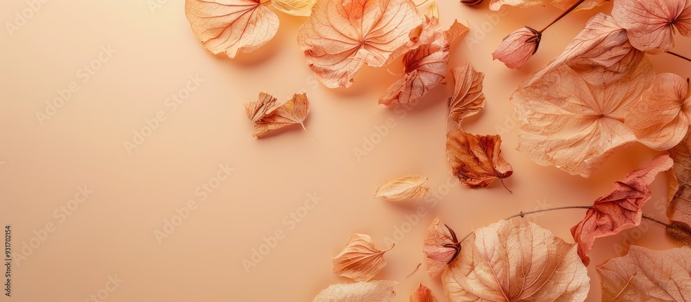 Aufkleber Autumn floral arrangement A frame consists of dried flowers and leaves set against a pastel beige background Autumn fall theme Flat lay top view copyspace