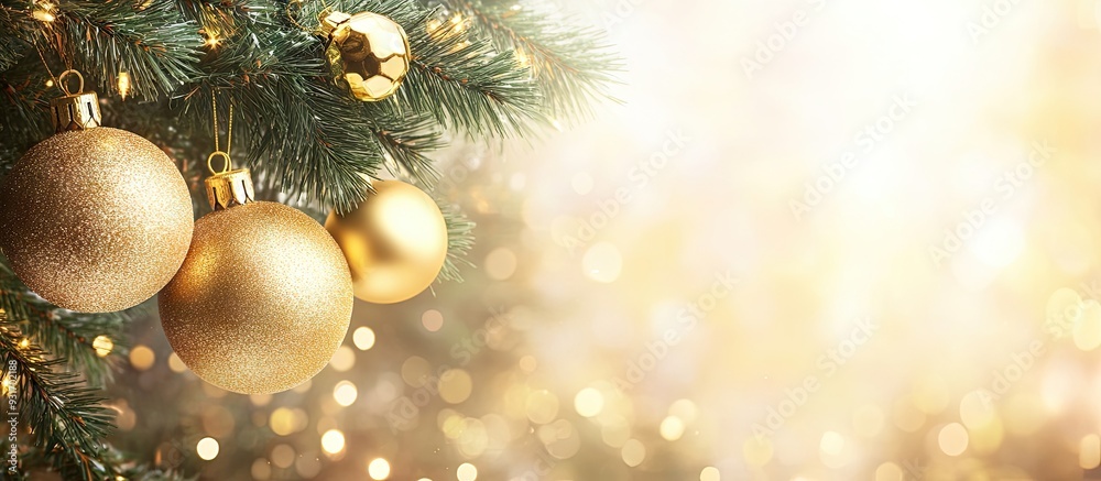 Poster christmas decoration with gold balls hanging on pine branches along with a garland and ornaments set