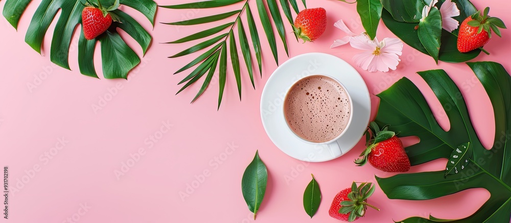 Aufkleber blank space for text coffee and palm leaves strawberry gift on a pink background top view flat lay c