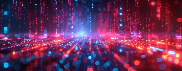Abstract Digital background with glowing particles and lines symbolizing data transfer in cyberspace. Ideal for tech, AI, and graphics themes.