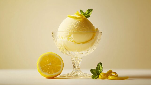 A delightful scoop of lemon sorbet is displayed in a clear glass bowl, garnished with a twist of lemon zest and a few fresh mint leaves. The bowl rests on a pristine white surface, which contrasts