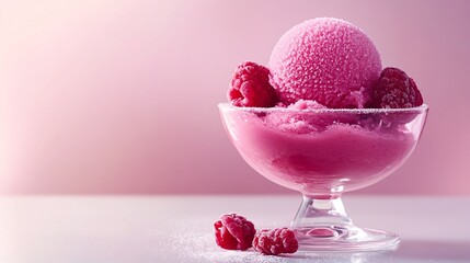A vibrant scoop of raspberry sorbet is artfully displayed in a clear glass dish, garnished with a few fresh raspberries and a sprinkle of sugar crystals. The dish is set on a clean white surface,