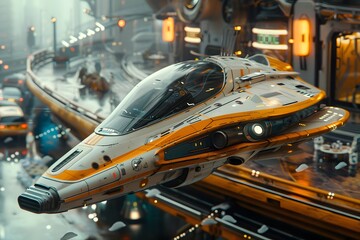 Fototapeta premium Futuristic Spaceship in Cityscape.