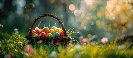Vibrant Easter Egg Basket resting in the Grass. with copy space image. Place for adding text or design