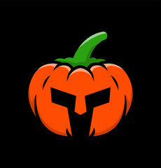 Orange pumpkin with black Spartan helmet face. 
