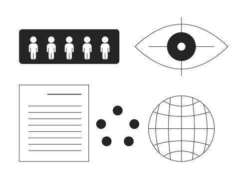 Globalization biometrics black and white 2D line objects set. Population citizens, planet wireframe isolated vector outline items collection. Demography monitor monochromatic flat spot illustrations