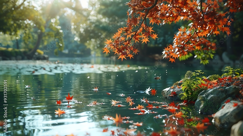 Poster A Japanese garden with a Japanese maples on the forgetting and background sure surrounding a carp lake : Generative AI