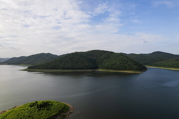 Beautiful aerial view mountain lake in the summer morning.