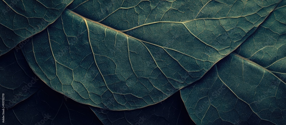 Wall mural veined leaf in dark and light green. with copy space image. place for adding text or design