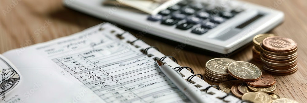 Fototapete A stack of cash and coins are beside an open notebook filled with notes and calculations, along with a calculator on a wooden workspace. Generative AI