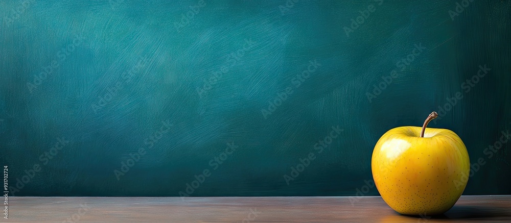 Poster corner of an empty school chalkboard with a yellow apple beside it. with copy space image. Place for adding text or design