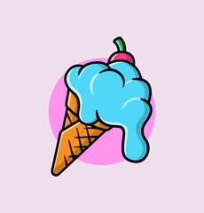 Melting blue ice cream cone with cherry on top. 
