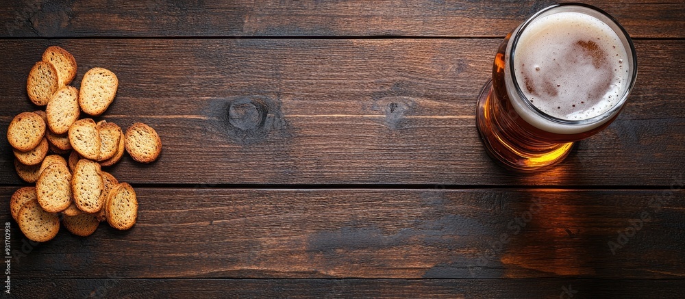 Aufkleber Lager beer and snacks on a wooden surface. with copy space image. Place for adding text or design