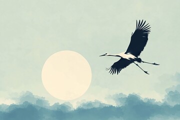 Japanese Crane birds flying in the style of large-scale minimalistic silhouette with white Nymphaea on a blue sky background. AI generated illustration.
