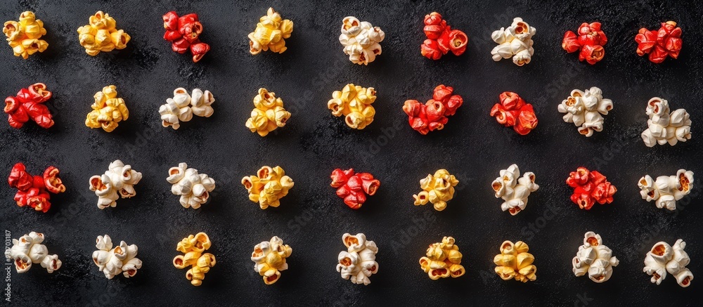 Aufkleber Assorted popcorn arranged as a background Sweet and salty popcorn on a black backdrop Still life top view flat lay Theme of cinema and entertainment. with copy space image