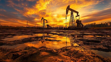 Oil pump jacks silhouetted against the sunset sky, with oil fields and mud puddles on cracked ground. AI generated illustration